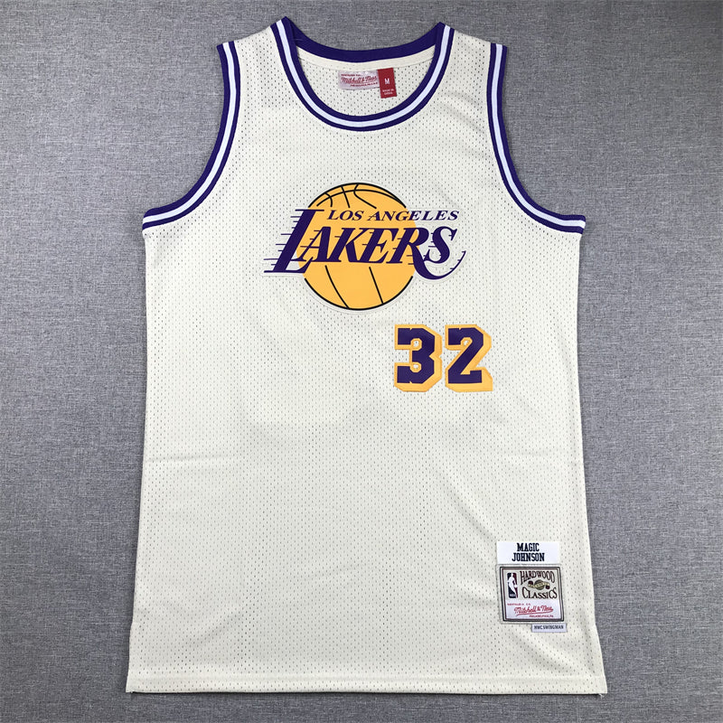 Men's Los Angeles Lakers Magic Johnson Cream Hardwood Classics Swingman Jersey