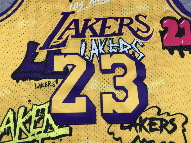 Men's Los Angeles Lakers LeBron James Yellow Swingman Graffiti Edition Jersey