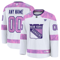 Men's New York Rangers Fanatics White Purple 2024 Hockey Fights Cancer Practice Custom Jersey