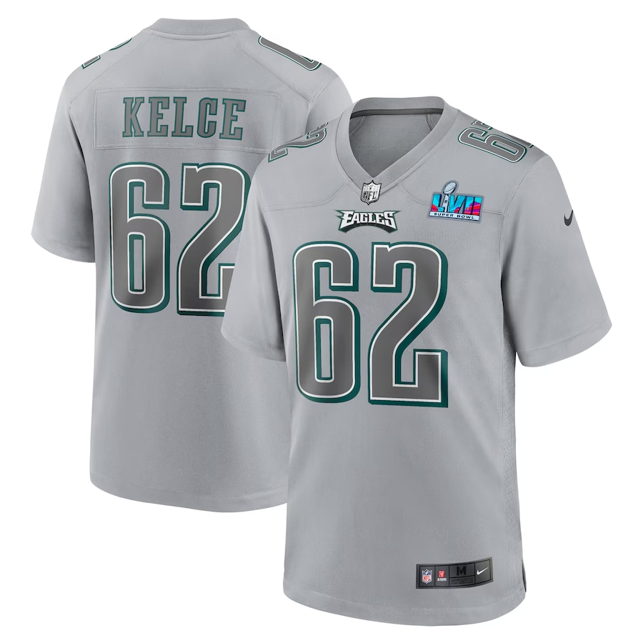 Men's Philadelphia Eagles Jason Kelce Gray Super Bowl LVII Patch Atmosphere Fashion Game Jersey