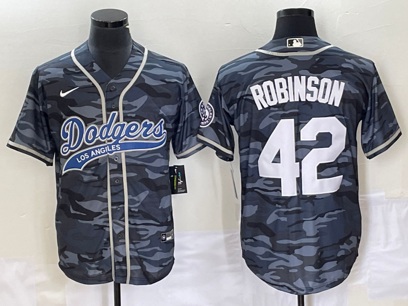 Men's Los Angeles Dodgers Jackie Robinson Grey Camouflage Player Jersey Joint Edition