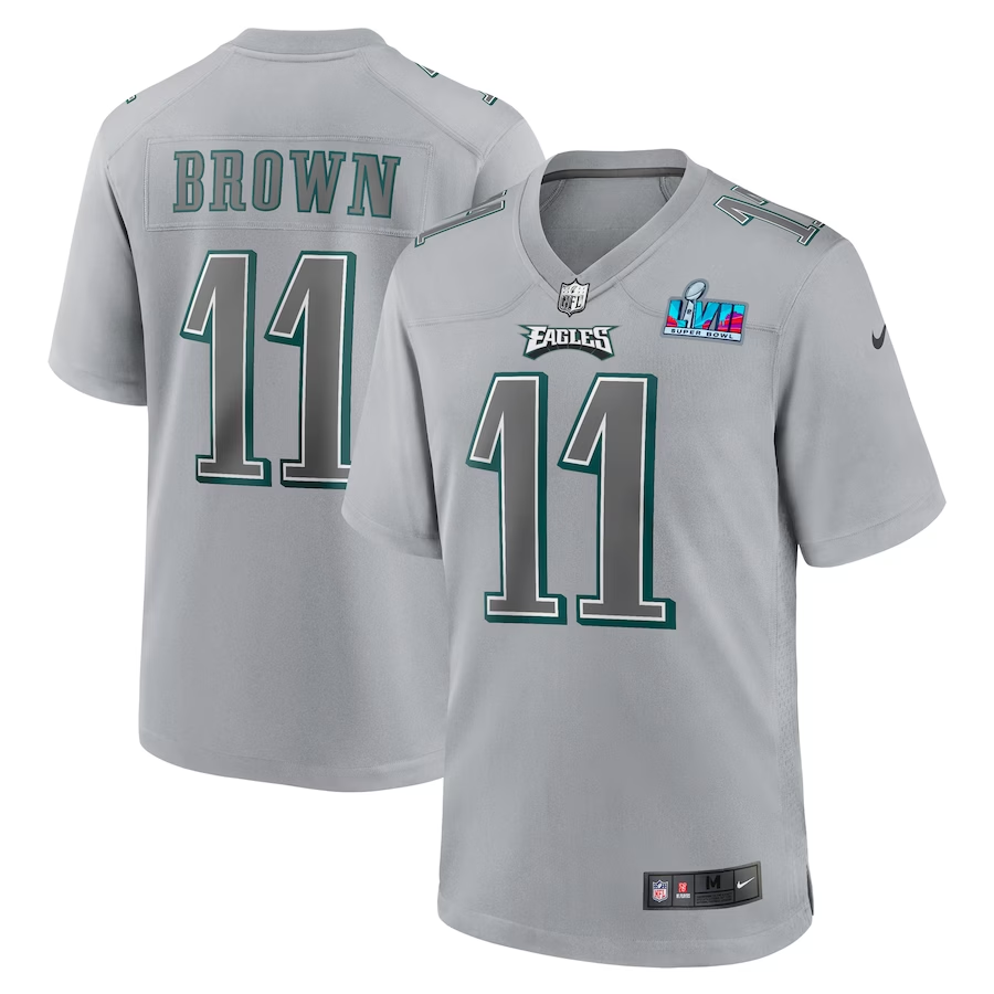 Men's Philadelphia Eagles A.J. Brown Gray Super Bowl LVII Patch Atmosphere Fashion Game Jersey