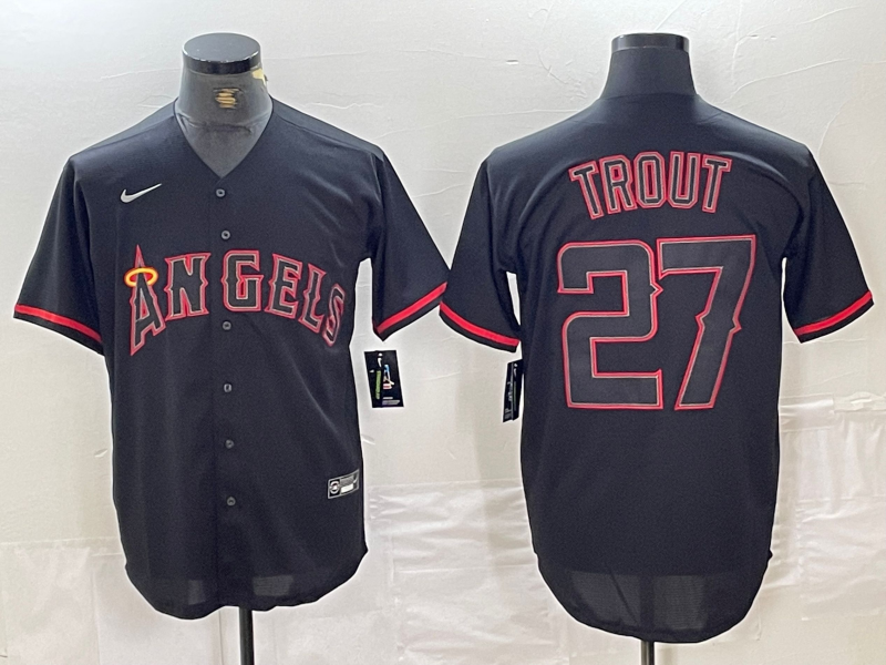 Men's Los Angeles Angels Mike Trout MLB Black Sewn Baseball Jersey