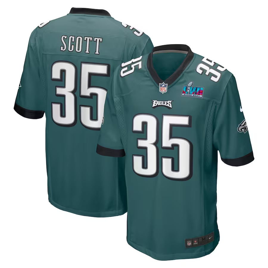Men's Philadelphia Eagles Boston Scott Midnight Green Super Bowl LVII Patch Game Jersey