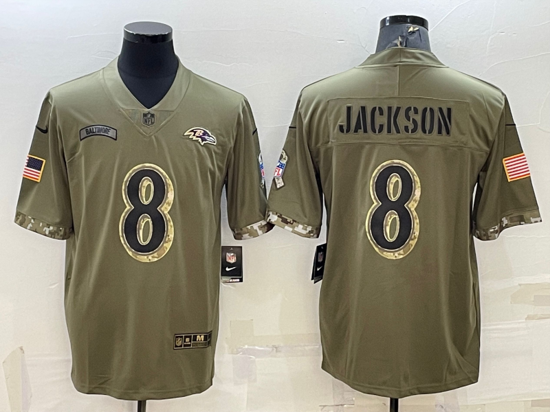 Men's Baltimore Ravens Lamar Jackson Olive 2022 Salute To Service Limited Jersey