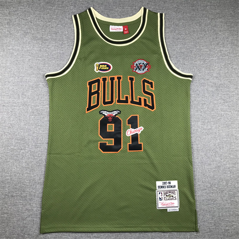 Men's Chicago Bulls Dennis Rodman Army Green 1997-98 Hardwood Classics Swingman Jersey