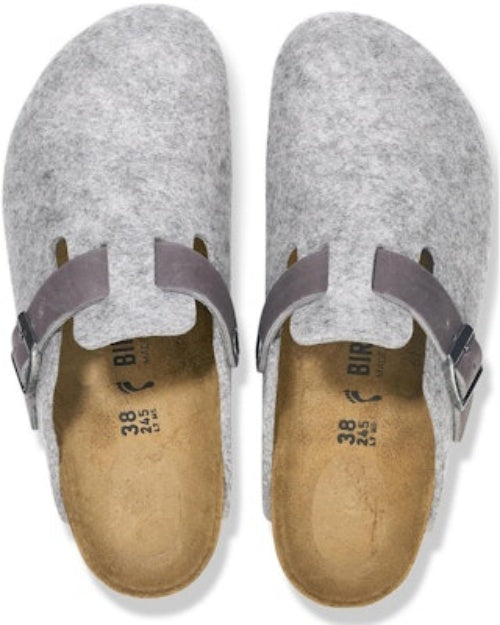 Birkenstock Boston 1026149 Natural Leather Felt Light Grey Covered-Toe Slippers