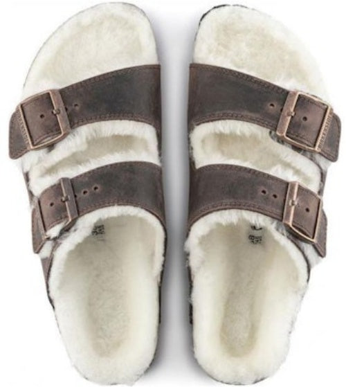 Birkenstock Arizona Shearling Waxy Leather Oiled Habana 1021049 Narrow Fit Brown Sandals