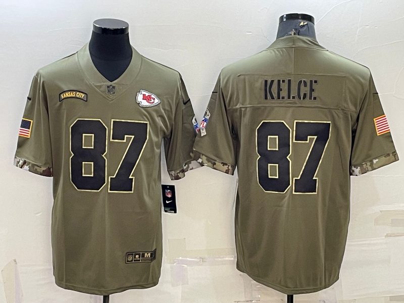 Men's Kansas City Chiefs Travis Kelce Olive 2022 Salute To Service Limited Jersey