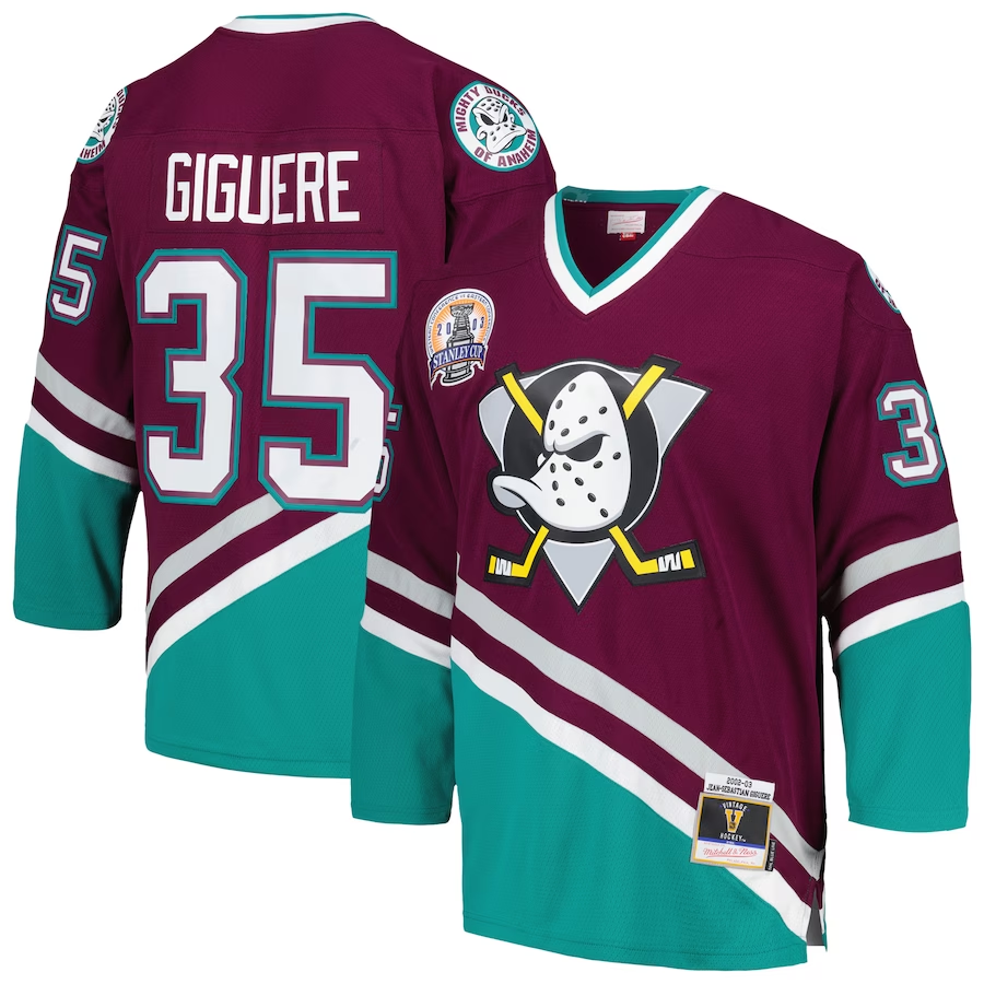 Men's Anaheim Ducks Jean-Sebastien Giguere Mitchell Ness Purple 2002/03 Blue Line Player Jersey