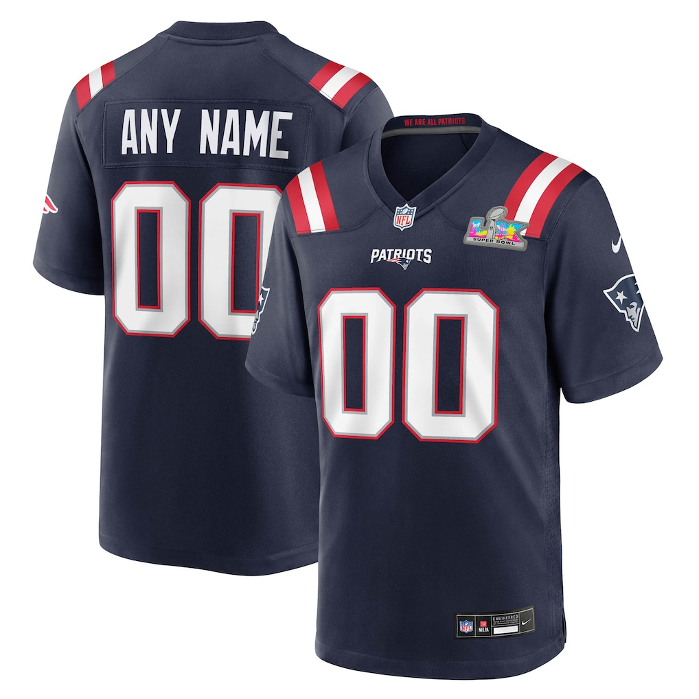 Men's New England Patriots Navy Super Bowl LX Patch Custom Game Jersey
