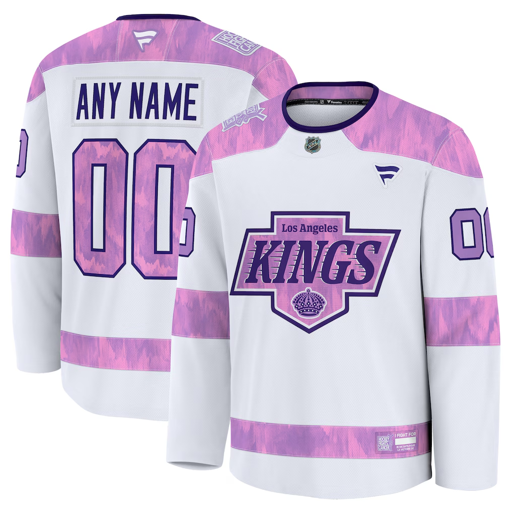 Men's Los Angeles Kings Fanatics White Purple 2024 Hockey Fights Cancer Practice Custom Jersey