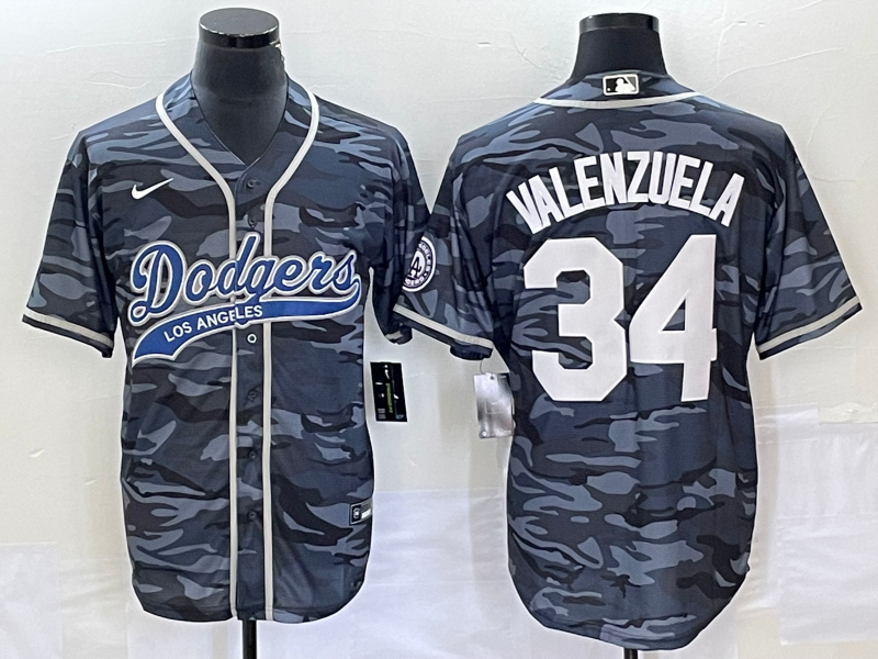Men's Los Angeles Dodgers Fernando Valenzuela Grey Camouflage Player Jersey Joint Edition