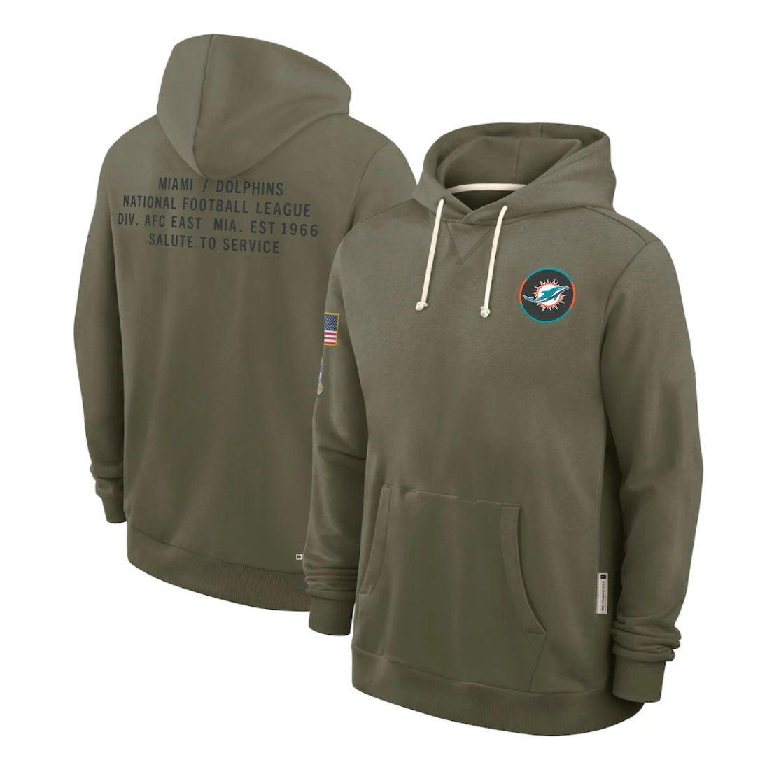 Men's Miami Dolphins Olive 2025 Salute to Service Sideline Standard Issue Dri-FIT Hoodie
