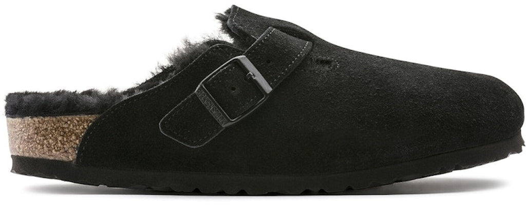Birkenstock Boston Fur Regular Suede Leather 0259881 Black Sandals