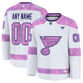 Men's St. Louis Blues Fanatics White Purple 2024 Hockey Fights Cancer Practice Custom Jersey