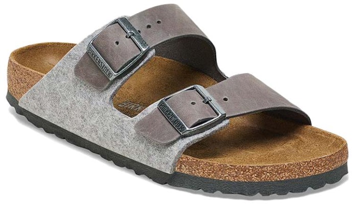 Birkenstock Arizona 1025735 Leather Textile Felt Narrow Fit Light Grey Slide Sandals