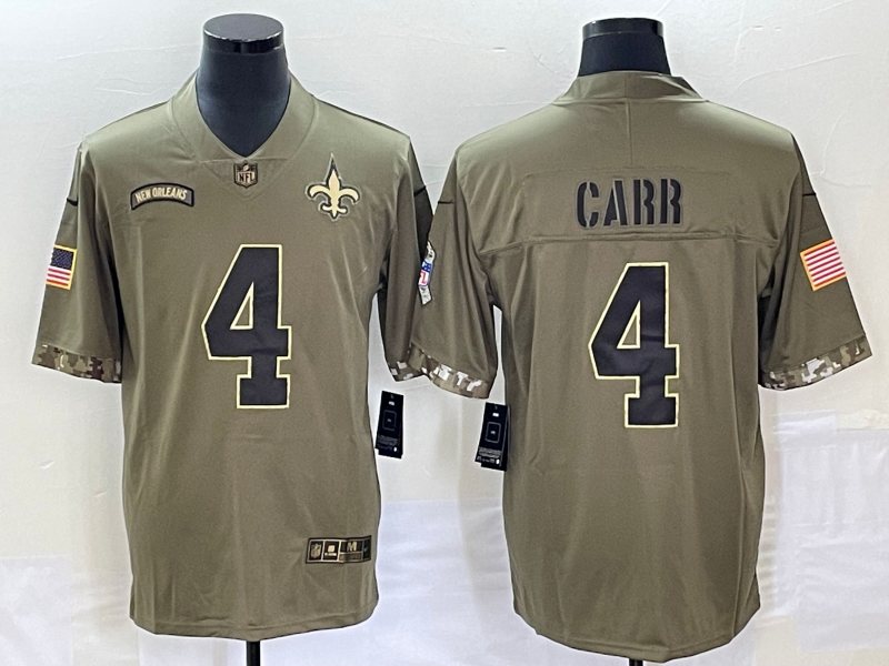 Men's New Orleans Saints Derek Carr Olive 2022 Salute To Service Retired Player Limited Jersey