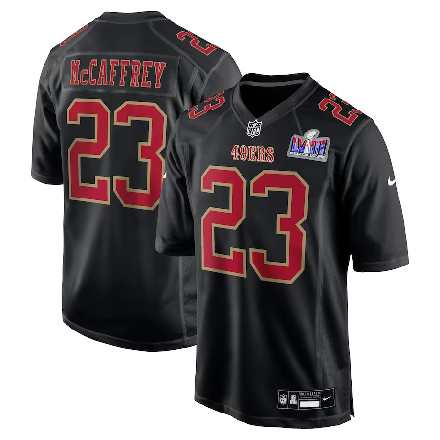 Men's San Francisco 49ers Christian McCaffrey Black Super Bowl LVIII Carbon Fashion Game Player Jersey