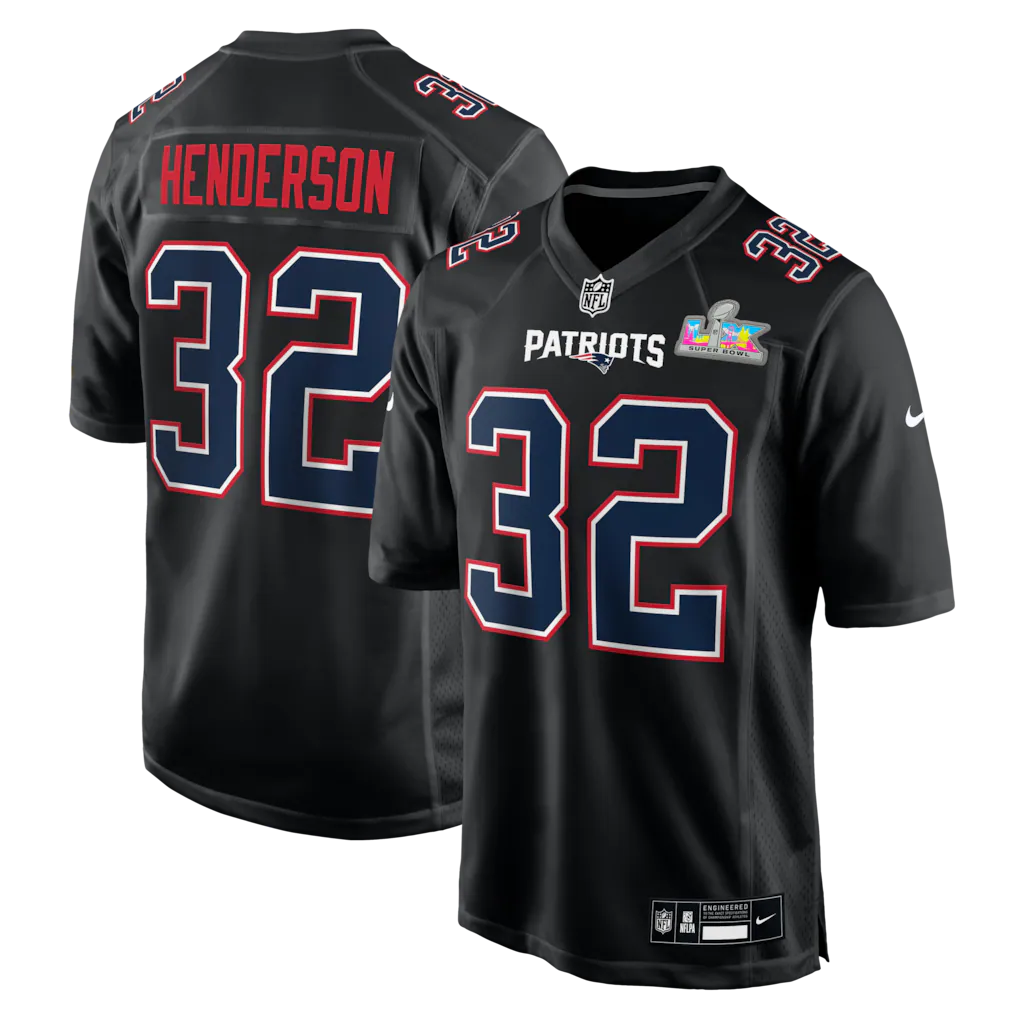 Men's New England Patriots TreVeyon Henderson Black Super Bowl LX Patch Carbon Fashion Game Jersey