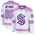 Men's Seattle Kraken Fanatics White Purple 2024 Hockey Fights Cancer Practice Custom Jersey