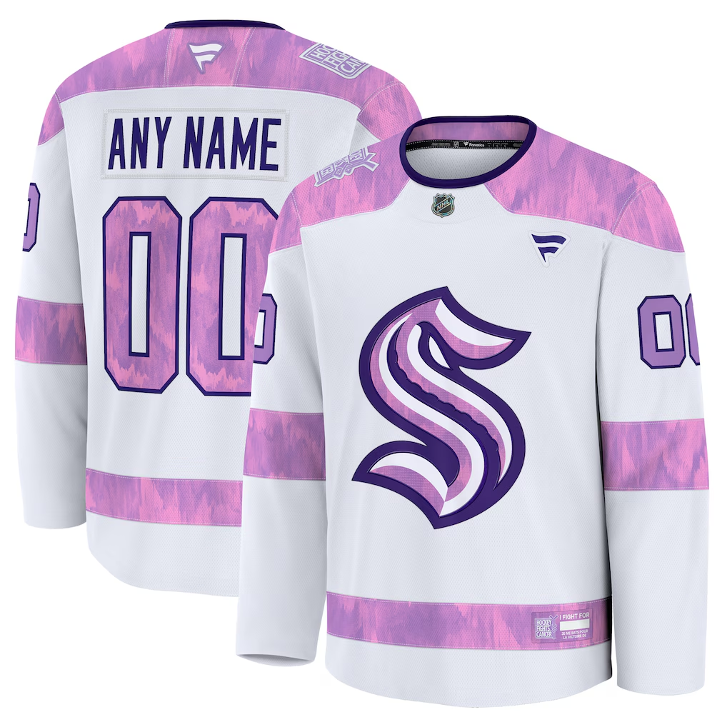 Men's Seattle Kraken Fanatics White Purple 2024 Hockey Fights Cancer Practice Custom Jersey
