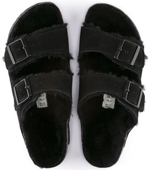 Birkenstock Arizona Shearling Suede Leather Narrow Fit 0752663 Black Sandals