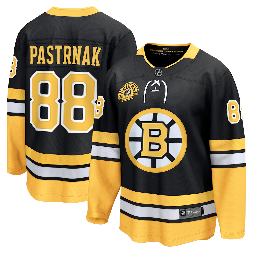 Men's Boston Bruins David Pastrnak Fanatics Black Alternate 100th Anniversary Premium Jersey