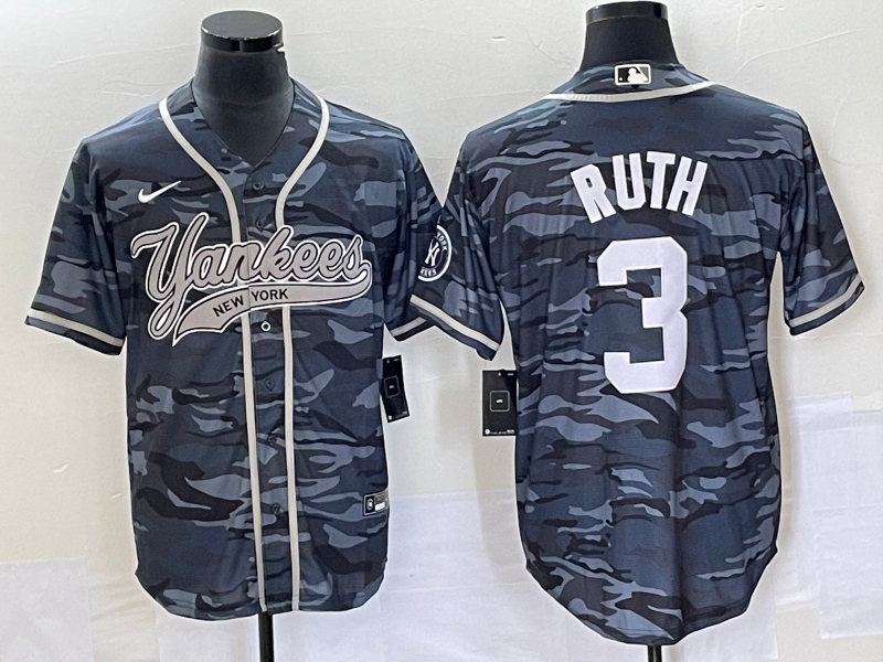 Men's New York Yankees Babe Ruth Grey Camouflage Player Jersey Joint Edition