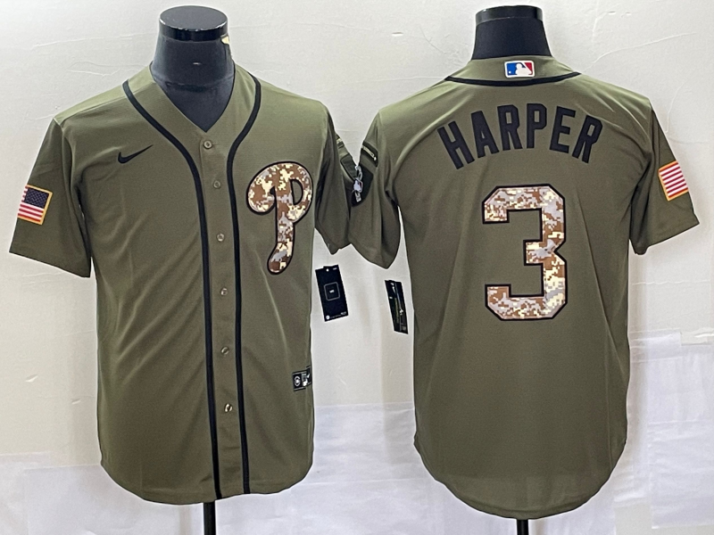 Men's Philadelphia Phillies Bryce Harper Army Green Replica Player Jersey