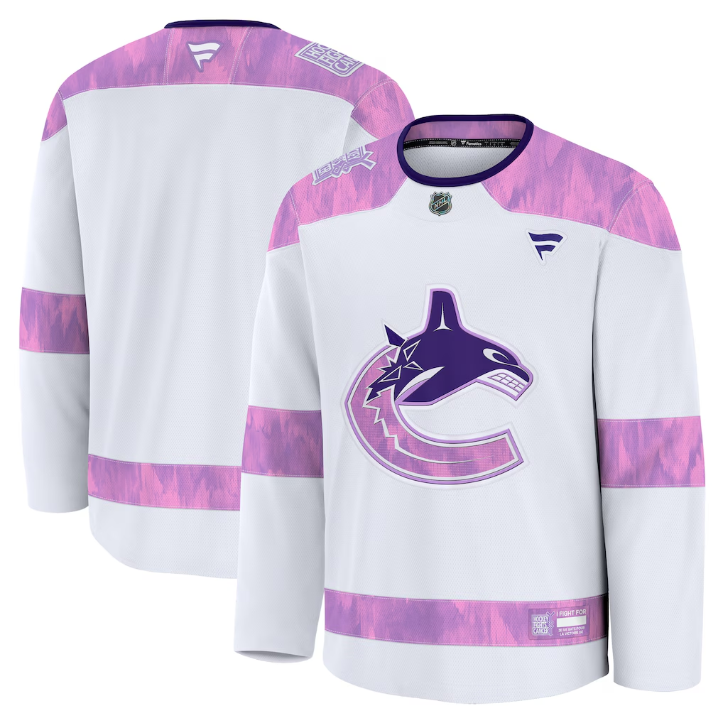 Men's Vancouver Canucks Fanatics White Purple 2024 Hockey Fights Cancer Practice Blank Jersey