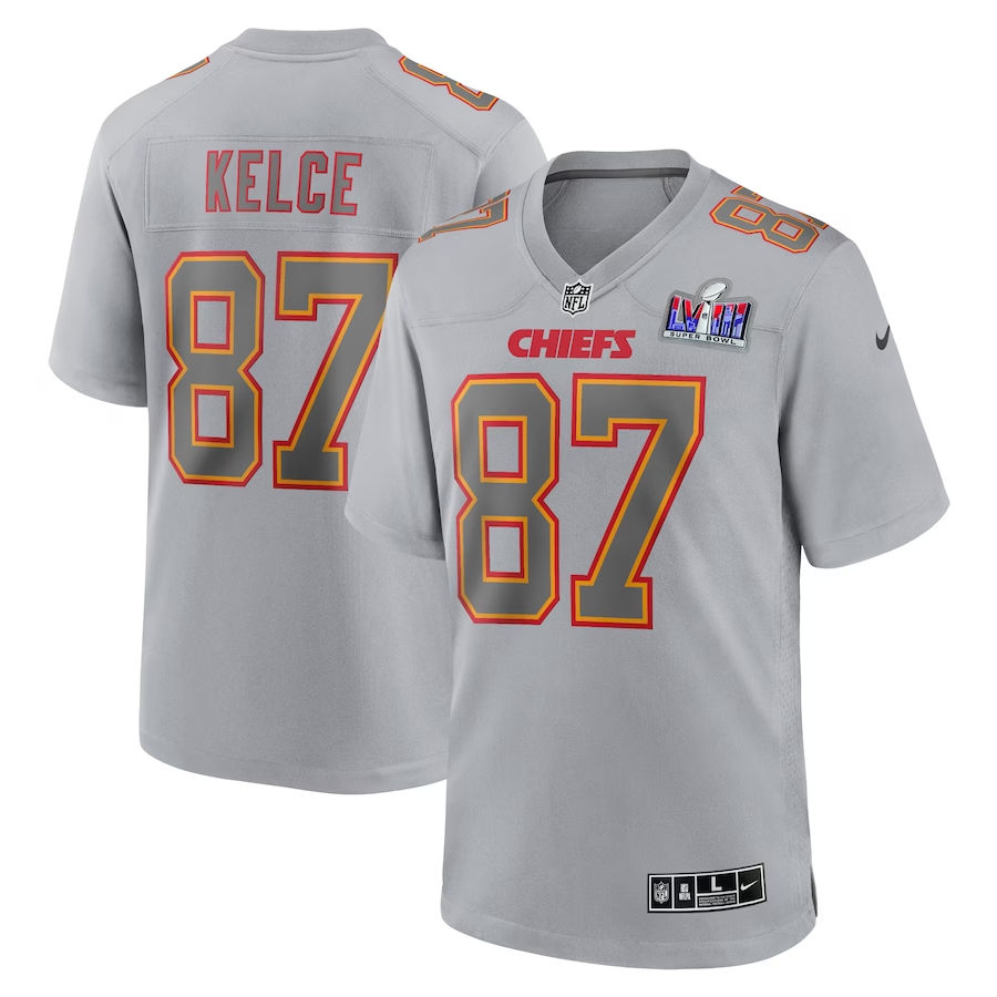 Men's Kansas City Chiefs Travis Kelce Gray Super Bowl LVIII Atmosphere Fashion Game Jersey