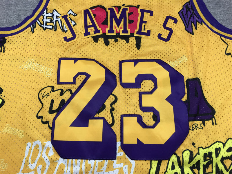 Men's Los Angeles Lakers LeBron James Yellow Swingman Graffiti Edition Jersey