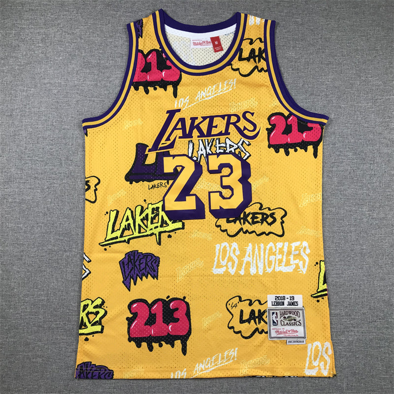 Men's Los Angeles Lakers LeBron James Yellow Swingman Graffiti Edition Jersey