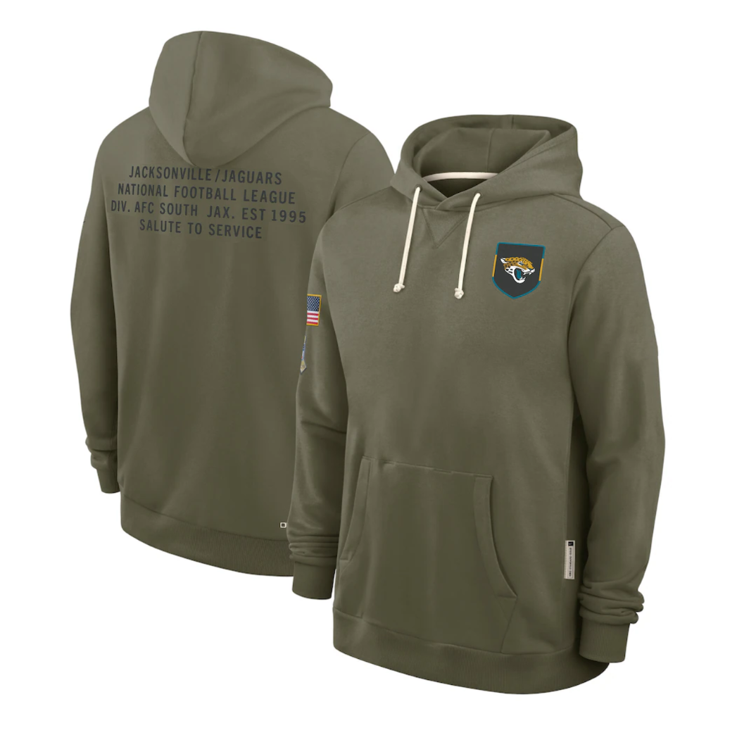 Men's Jacksonville Jaguars Olive 2025 Salute to Service Sideline Standard Issue Dri-FIT Hoodie