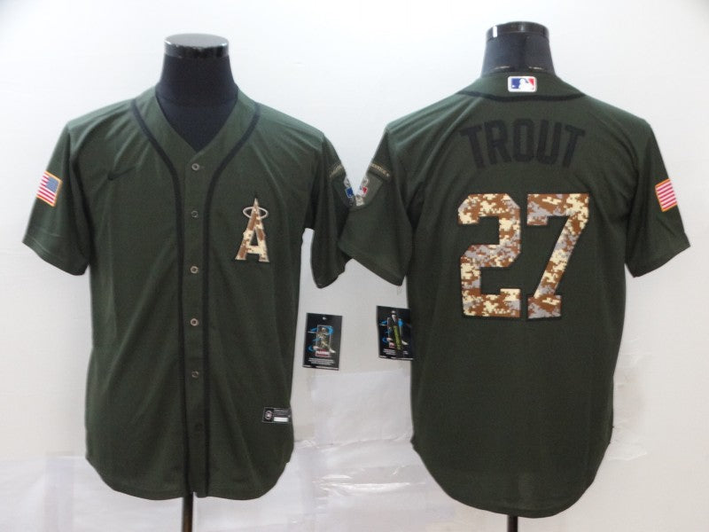 Men's Los Angeles Angels Mike Trout Army Green Replica Player Jersey