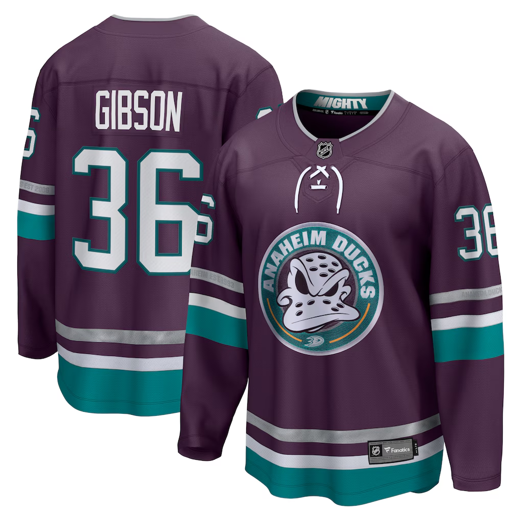 Men's Anaheim Ducks John Gibson Fanatics Purple 30th Anniversary Commemorative Jersey