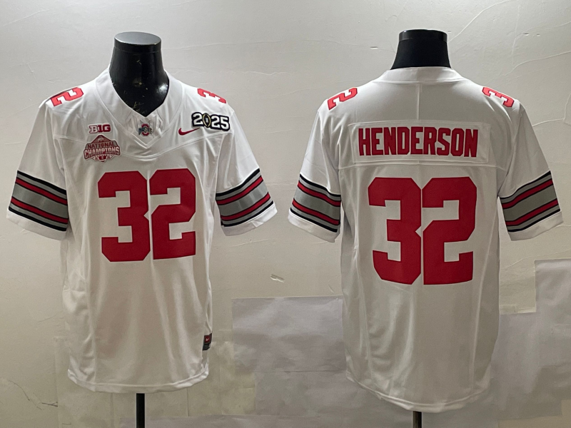 Men's Ohio State Buckeyes Treveyon Henderson White 2025 CFP Final National Champions Patch F.U.S.E. Jersey