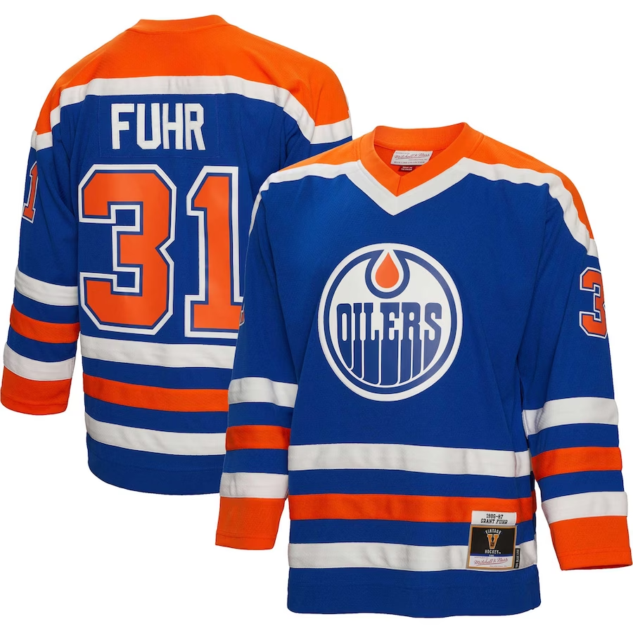 Men's Edmonton Oilers Grant Fuhr Mitchell Ness Royal 1986/87 Blue Line Player Jersey