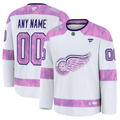 Men's Detroit Red Wings Fanatics White Purple 2024 Hockey Fights Cancer Practice Custom Jersey