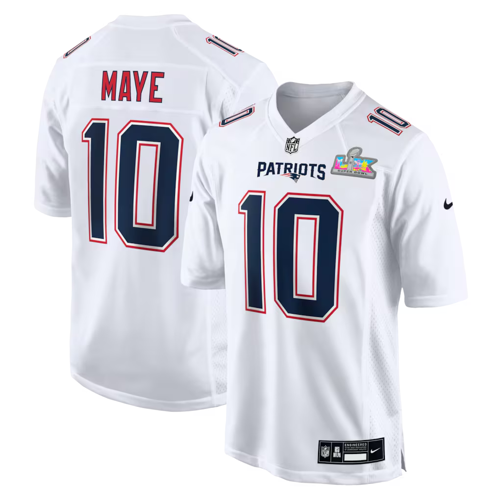 Men's New England Patriots Drake Maye White Super Bowl LX Patch Tundra Fashion Game Jersey