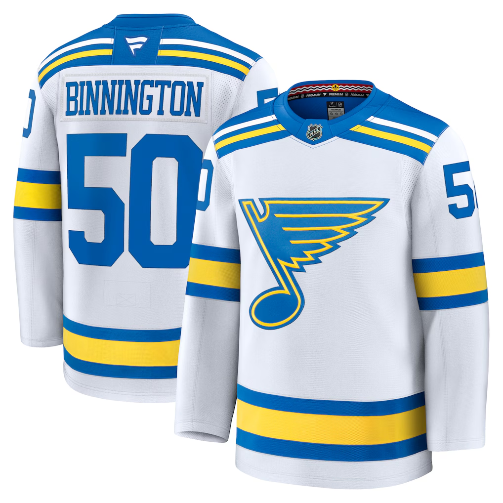 Men's St. Louis Blues Jordan Binnington Fanatics White Away Premium Player Jersey