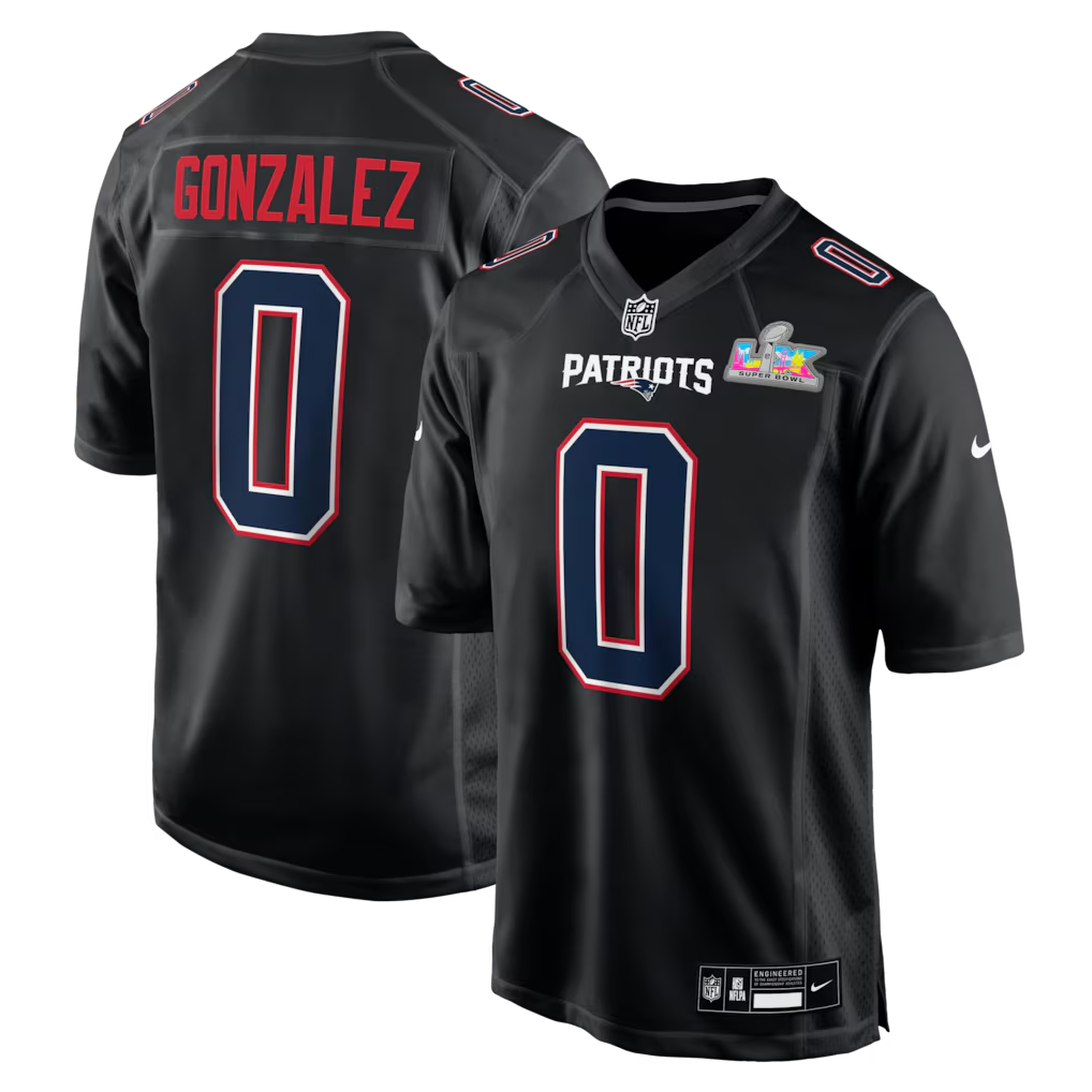 Men's New England Patriots Christian Gonzalez Black Super Bowl LX Patch Carbon Fashion Game Jersey