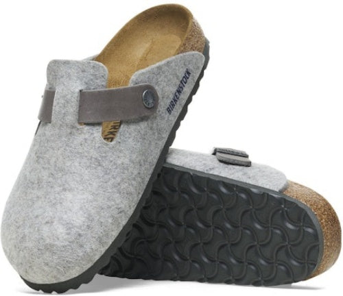 Birkenstock Boston 1026149 Natural Leather Felt Light Grey Covered-Toe Slippers