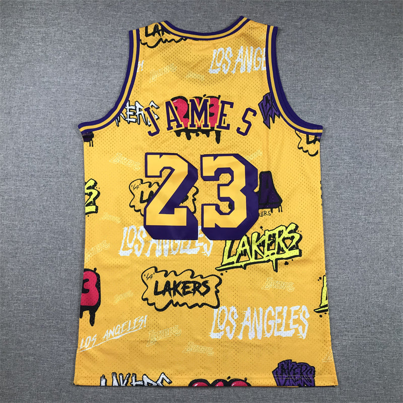 Men's Los Angeles Lakers LeBron James Yellow Swingman Graffiti Edition Jersey
