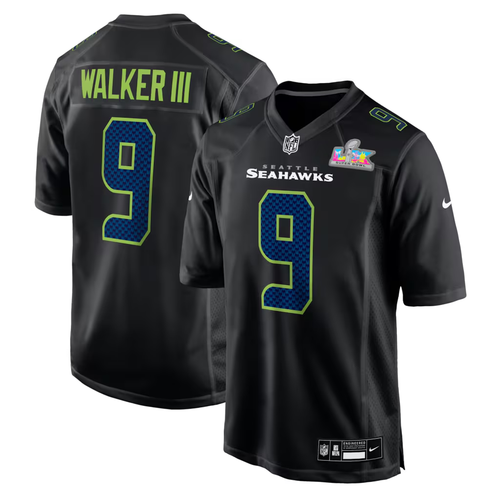 Men's Seattle Seahawks Kenneth Walker III Black Super Bowl LX Patch Carbon Fashion Game Jersey