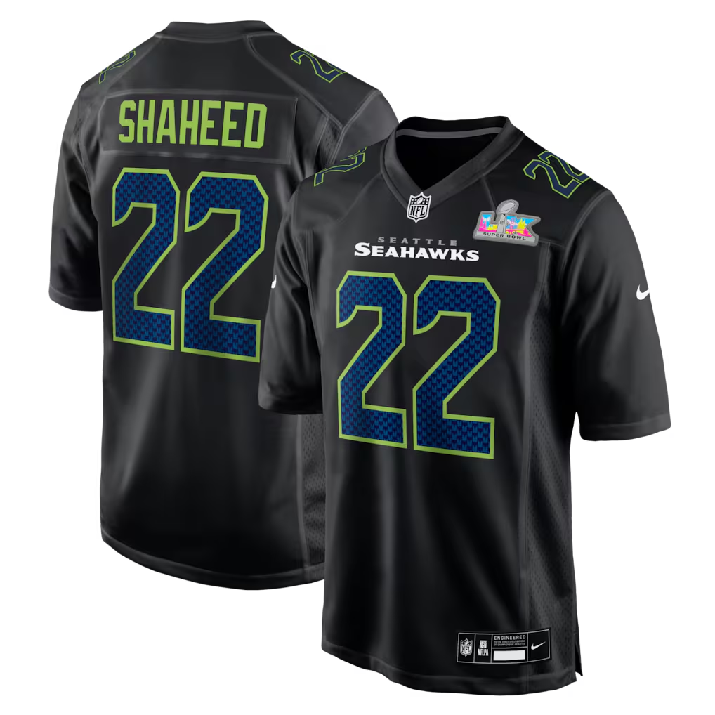 Men's Seattle Seahawks Rashid Shaheed Black Super Bowl LX Patch Carbon Fashion Game Jersey