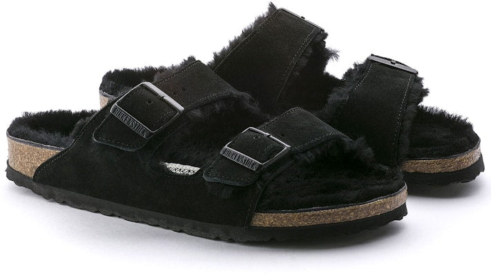 Birkenstock Arizona Shearling Suede Leather Narrow Fit 0752663 Black Sandals