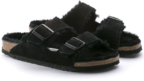 Birkenstock Arizona Shearling Suede Leather Narrow Fit 0752663 Black Sandals