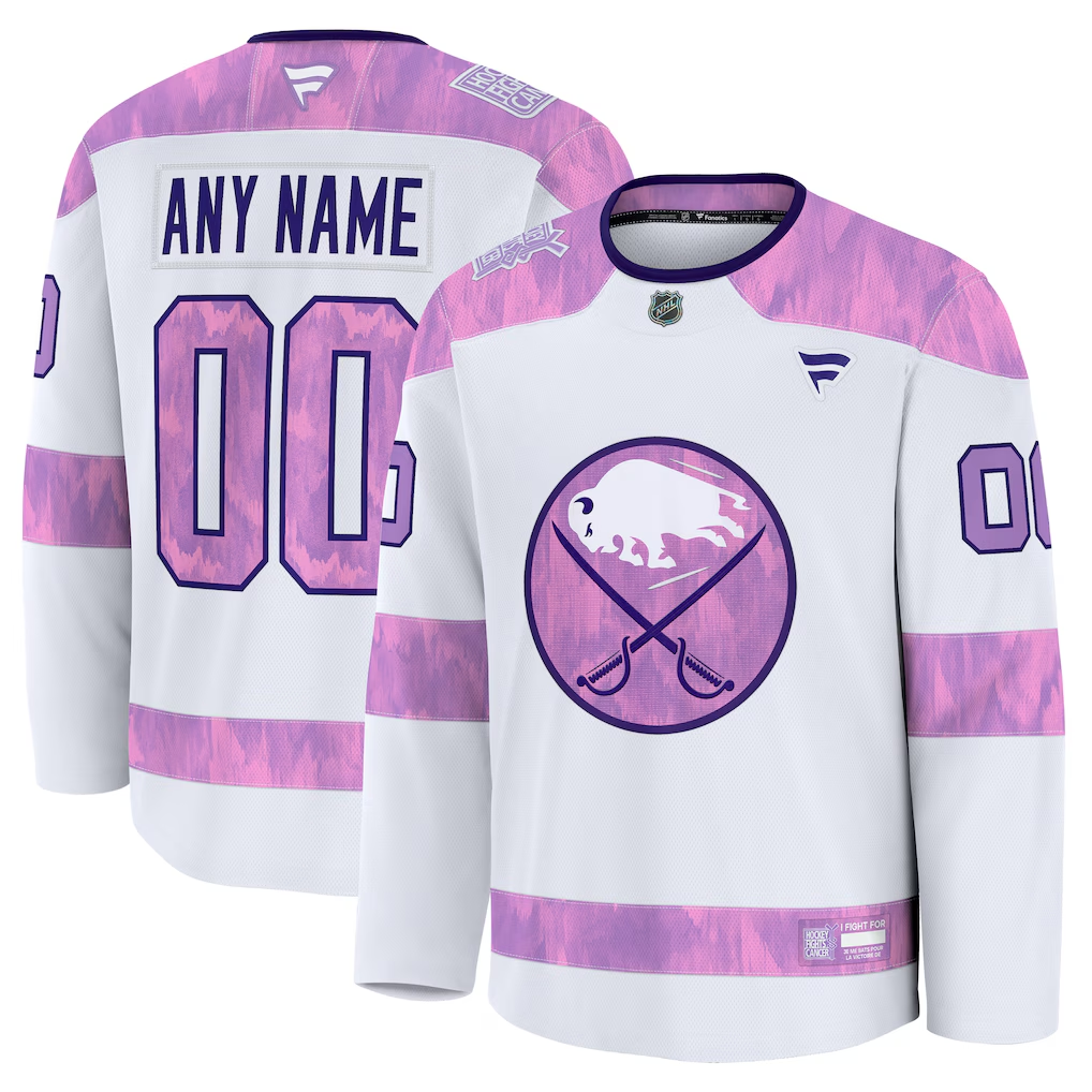 Men's Buffalo Sabres Fanatics White Purple 2024 Hockey Fights Cancer Custom Practice Jersey